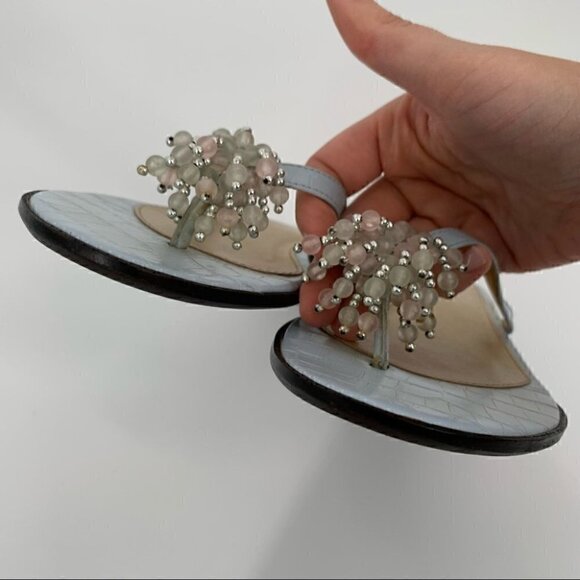 Talbots womens sandals size 5 blue leather tortoise embossed beaded flop flops - Picture 8 of 12